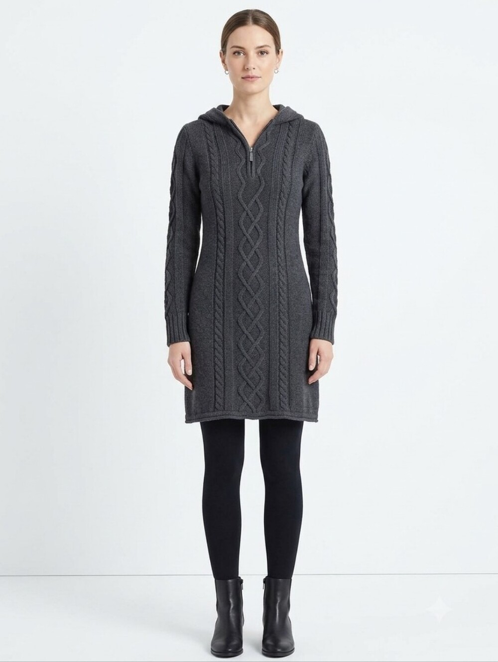 Athleta Cotton Cashmere Cable Knit Hooded Zip Duster Cardigan Sweater Gray Coat
